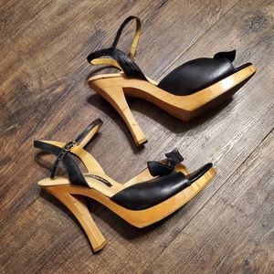 Betsey Johnson Black Leather Open-Toe Wood Platform Heels
